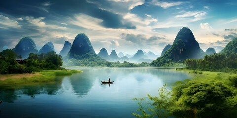 landscape panorama in Asia with mountain and river lake view - obrazy, fototapety, plakaty