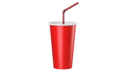 Red paper cup with drinking straw on transparent background.
