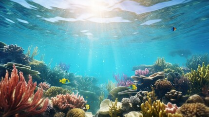 Fototapeta na wymiar Underwater view from under colorful fish.