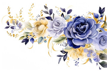 Floral border with watercolor cobalt and golden roses and leaves on white background - obrazy, fototapety, plakaty