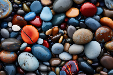 Nasse bunte Steine an einem Flussufer, Hintergrundbild  - obrazy, fototapety, plakaty