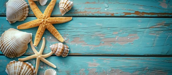 Colorful marine decoration with starfish and seashells on wooden background with copy space.