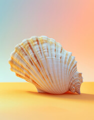 A scallop shell with intricate patterns on an orange backdrop.