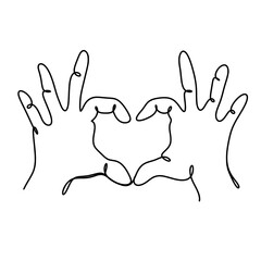 Two hands making heart shape  in one line art drawing