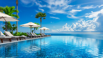 Beautifull luxury swimming pool near beach front with amazing ocean view and deck chairs at sunny day	 - Powered by Adobe
