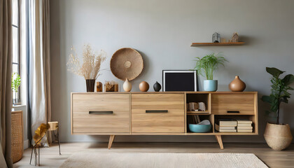 Wooden cabinet with decorative items in modern room. Generative AI.