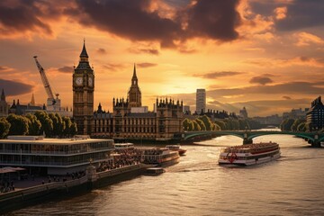 Fototapeta premium Panorama from the Tower Bridge to the Tower of London United Kingdom during sunset, Beautiful London and the river , London City Ai generated