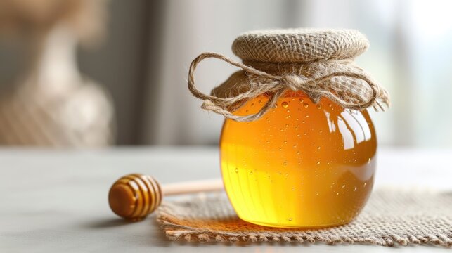 Golden honey in a glass jar with a wooden dipper.