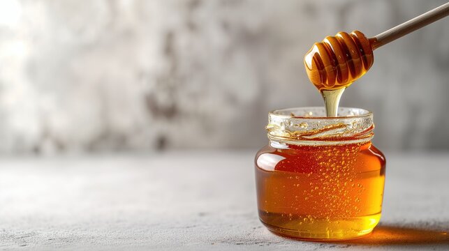 Honey jar with dipper with copy space.