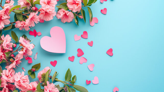 pink flowers and paper heart over punchy pastel background