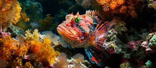 Fototapeta na wymiar Coral concealing the Green Devil scorpionfish