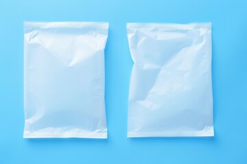 White plastic bags on blue background, top view.