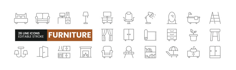 Set of 26 Furniture line icons set. Furniture outline icons with editable stroke collection. Includes Lamp, Chair, Sofa, Bed, Dressing Table, and More. - obrazy, fototapety, plakaty