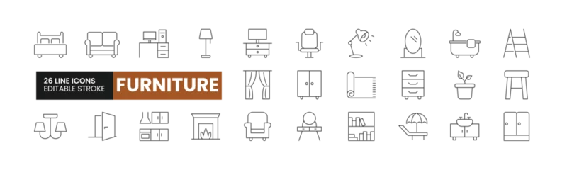Fotobehang Set of 26 Furniture line icons set. Furniture outline icons with editable stroke collection. Includes Lamp, Chair, Sofa, Bed, Dressing Table, and More. © Bilal