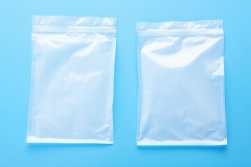 White plastic bags on blue background, top view.
