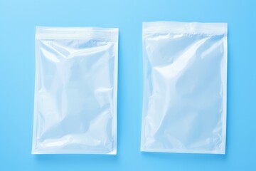 White plastic bags on blue background, top view.