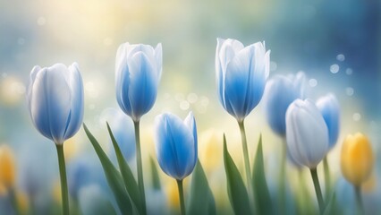 White and blue mixed tulips in the garden. - obrazy, fototapety, plakaty