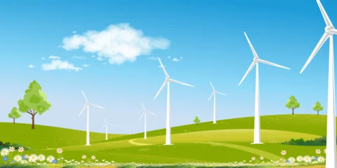 Poster Environmental Background,Spring landscape green field with windmill on mountain,blue sky,cloud,Vector Rural with Solar panel wind turbines installed as renewable station energy sources for electricity © Anchalee