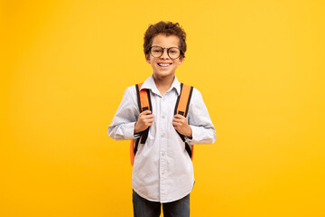 Happy schoolboy with backpack and glasses, yellow background
