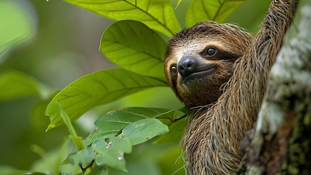 Closeup of a content sloth curiously sniffing the leaves as it slowly ascends the tree its fur blending in with the surrounding greenery.