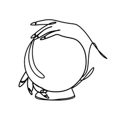 Hand holding crystal ball in one line art drawing