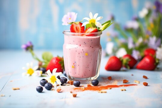 strawberry smoothie in glass with fresh berries on top