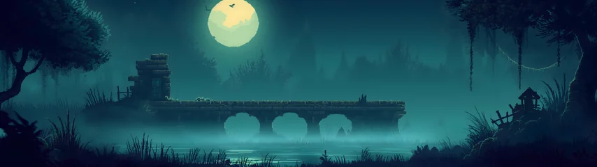 Gordijnen moonlit bridge in the enchanted forest, nighttime atmosphere with moonlight in pixel art style, pixel art background, landscape background, rpg game background, background with a ratio size of 32:9 © Helfin