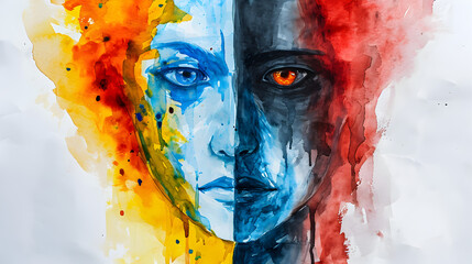 Colorful Watercolor Painting of a Woman and Man's Face, , mental health bipolar concept
