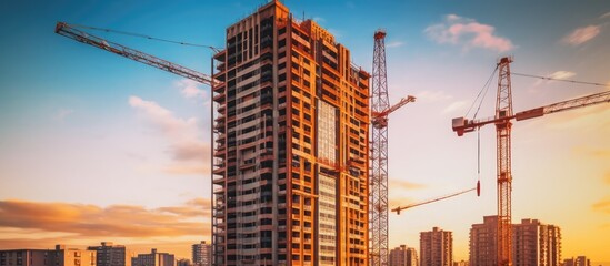 portrait of a tall building under construction. with with crane