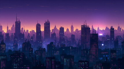 city skyline at night, sunset over city landscape in pixel art style, pixel art background, rpg game background