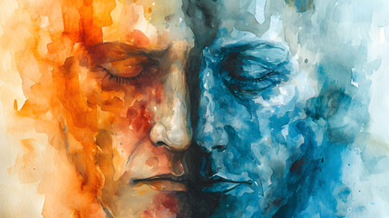 Expressive Watercolor Painting of Contrasting Faces , thinking in mind