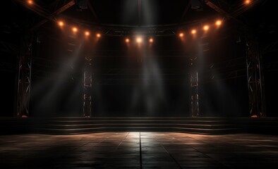 Spotlights illuminate empty stage with dark background. black tone night light.