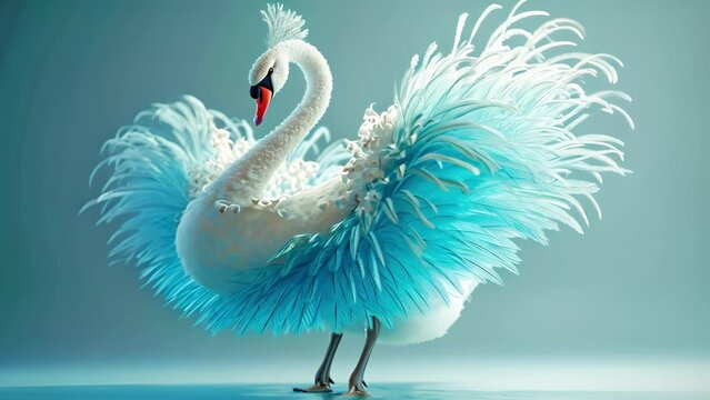 Cartoon digital avatar of a elegant ballerina swan, adorned in a stunning blue tutu and gracefully balancing on tiptoe.