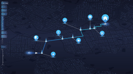 City map featuring directional signs, an intended goal point, and multiple markers. An abstract navigation plan highlights POI including city streets, blocks. Editable vector illustration - obrazy, fototapety, plakaty