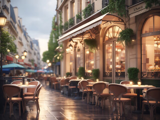 Paris's cosy restaurants and rainy street scenes, capture the calm and romantic atmosphere of the city.  3d rendering design.