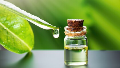 Essential oil or water drops from fresh leaf to the bottle. Herbal essence