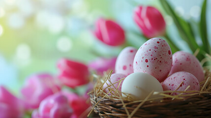 Naklejka na ściany i meble Happy easter, Easter painted eggs in the basket