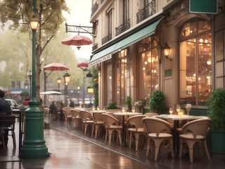 Paris's cosy restaurants and rainy street scenes, capture the calm and romantic atmosphere of the city.  3d rendering design.