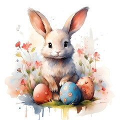 Watercolor illustration, Bunny with soft, expressive eyes and perky ears, with pastel colored Easter eggs and delicate wildflowers on white background