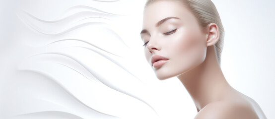 Naklejka premium Beauty & Elegance: Young Women's Portrait, Graceful Face with Clean Skin, Perfect Health & Care, Attractive Caucasian Model with Stunning Makeup & Healthy Hair on White Background