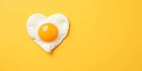 Fried egg in the shape of a heart on yellow background. Valentine's Day celebration
