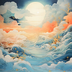 decorative waves in oriental style with sun with gold, blue and orange colors