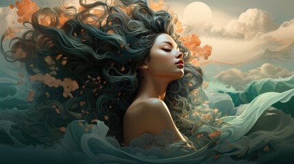 An ethereal scene of a woman surrounded by flowing hair and soft clouds - obrazy, fototapety, plakaty