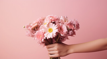 Blooming Beauty: Floral Bouquet in Pink, Held with Love on a Romantic Background
