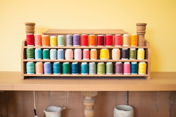a collection of threads in rainbow colors on a wooden shelf