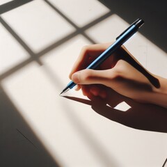 An artist's hand holding a blue pen over a white paper, with the play of light and shadow enhancing the creative process