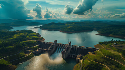 Hydroelectric dam on the river - obrazy, fototapety, plakaty
