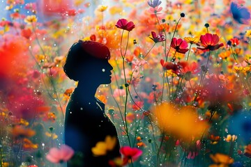 A person standing in a shower of flowers, focusing on vibrant colors and emotional expression, blending nature with human emotion