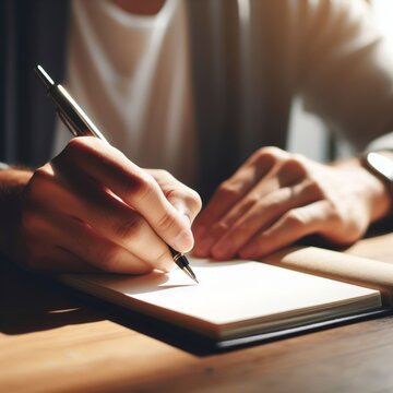 A person jotting down notes in a notebook by hand, captured in soft light.