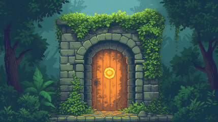 portal in the forest in pixel art game background, magic gate portal view, pixel art game background - obrazy, fototapety, plakaty